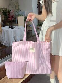 Vintage Striped Canvas Tote Bag Women Large Capacity Red & White Striped Shoulder Bag Aesthetic Reusable Shopping Bag Casual Everyday Handbag Spacious Interior Lightweight Travel Work School Beach Grocery Shopping Weekend Outing Open Design Easy To Use Washable Tote Bag Women Mom Girl Perfect Gift Summer Holiday Back To School Birthday Christmas - Multicolor - View 8