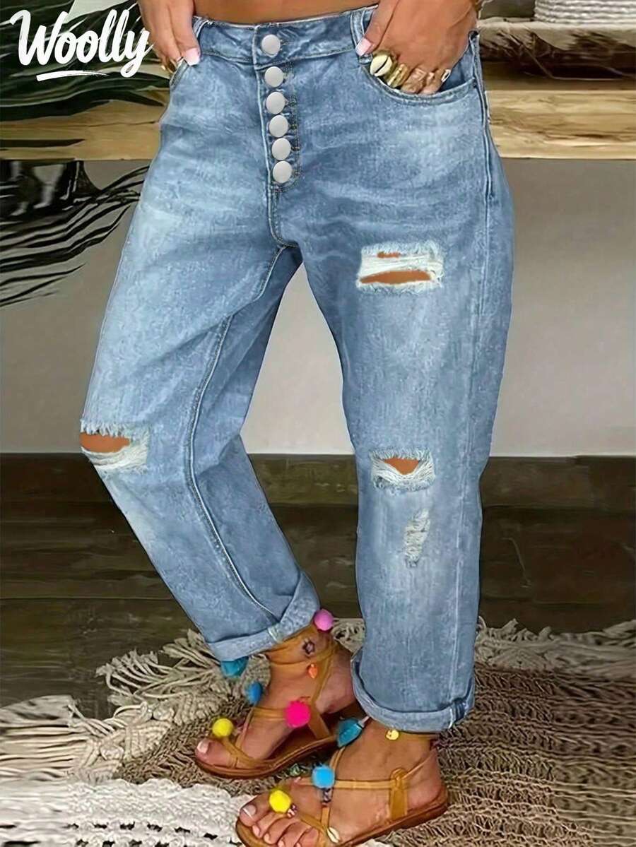 Jeans de pierna recta con cierre de un solo botón, desgastados y con dobladillo enrollado, casual para primavera y otoño