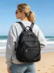 Mochila de gran capacidad para mujeres, bolso clásico de unicolor para damas - Negro 4 - Ver 6