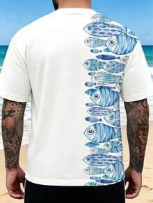 男士海洋魚類印花度假風休閒短袖上衣 - 彩色 - 查看 3