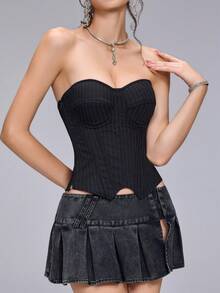 Black Pinstripe Strapless Corset Top, Gothic Victorian Style Shapewear Top, Suitable For Daily And Special Occasions - Black - View 10