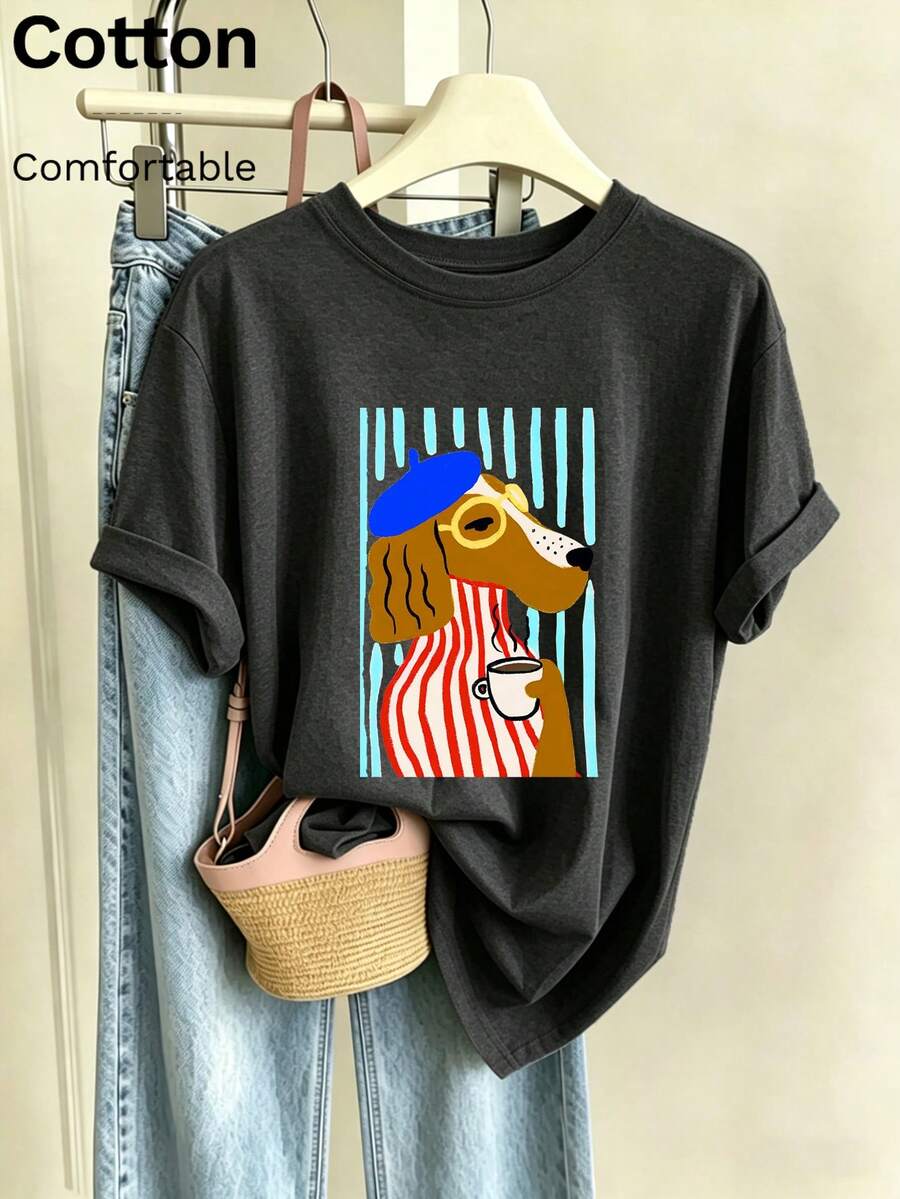 Camiseta feminina com estampa de cachorro e café em estilo francês, camiseta casual de algodão de manga curta, blusa retrô parisiense charmosa, camiseta da moda verão, blusa de algodão de manga curta, camiseta básica casual de verão, streetwear Y2K - Cinza escuro - Ver 1