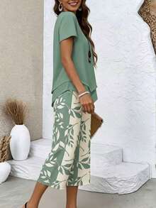 Women'S Summer Two Piece Outfit Set, Cream Short Sleeve Layered Hem Top & Floral Wide Leg Capri Pants, Soft Lightweight Breathable Casual Matching Set - Green - View 4