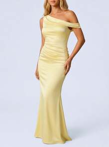 Sedessea Elegant Formal Mermaid Hem Dress With Ruffle Open Shoulder Neckline (Zipper, Sexy) Wedding Spring Party - Light Yellow - View 2