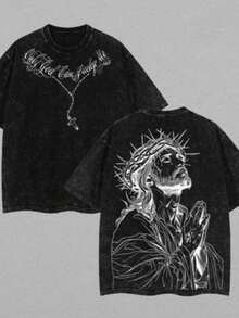 a, Camiseta con Temática de Fe, Moda Masculina, Regalo para Creyentes, Versículo Bíblico, Ropa de Iglesia - Unisex, Algodón Cómodo, Camiseta Holgada Lavada de Estilo Vintage y Tejido Grueso. - Negro - Ver 1