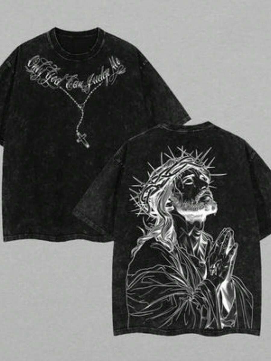 a, Camiseta con Temática de Fe, Moda Masculina, Regalo para Creyentes, Versículo Bíblico, Ropa de Iglesia - Unisex, Algodón Cómodo, Camiseta Holgada Lavada de Estilo Vintage y Tejido Grueso. - Negro - Ver 1