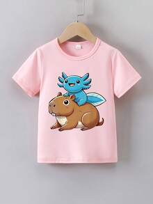 Camiseta de manga corta para niñas con estampado "Axolotl montando un capibara" para el verano - Negro - Ver 7