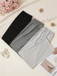 3pcs Set Comfortable Solid Color Plus Size Women's Pajama Pants, Polyester Knit Fabric Soft And Comfortable, Spring Summer Autumn Thin Long Pants, Casual Home Pants Can Be Worn Out - Multicolor - View 3