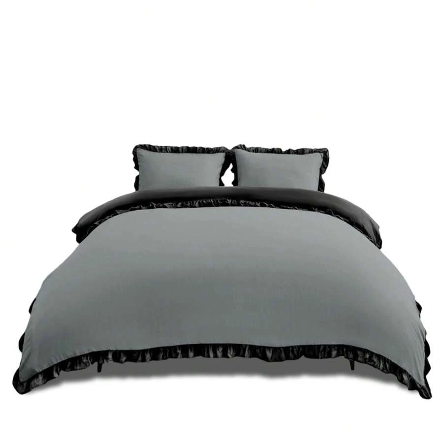 VELVETIO Luxury Kendrick Frill Duvet Cover Set Reversible Bedding Set Soft Smooth Lightweight Microfiber Polyester With Matching Pillow Cases Elegant Ruffle Edge Plain Design Single Double King - Charcoal/Black - View 1