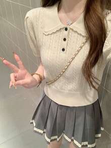 Peter Pan Collar Puff Sleeve Knit Sweater, Sweet Versatile Tops For Women, Summer New Arrival - Apricot - View 6