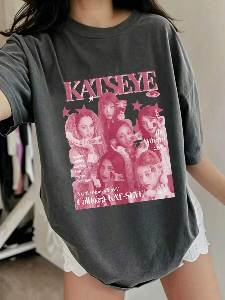 青少年女孩休閒趣味圖案印花圓領套頭短袖T恤夏季上衣 - 深灰色 - 查看 1