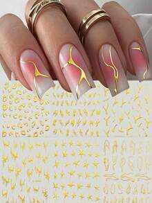 6 Sheets Metallic Gold Nail Stickers, Y2K Punk Style 3D Bronzing Flame Star Swirl Line Nail Decals, Abstract Irregular Curve Self-Adhesive Nail Art Decor For DIY Manicure - Gold - View 4