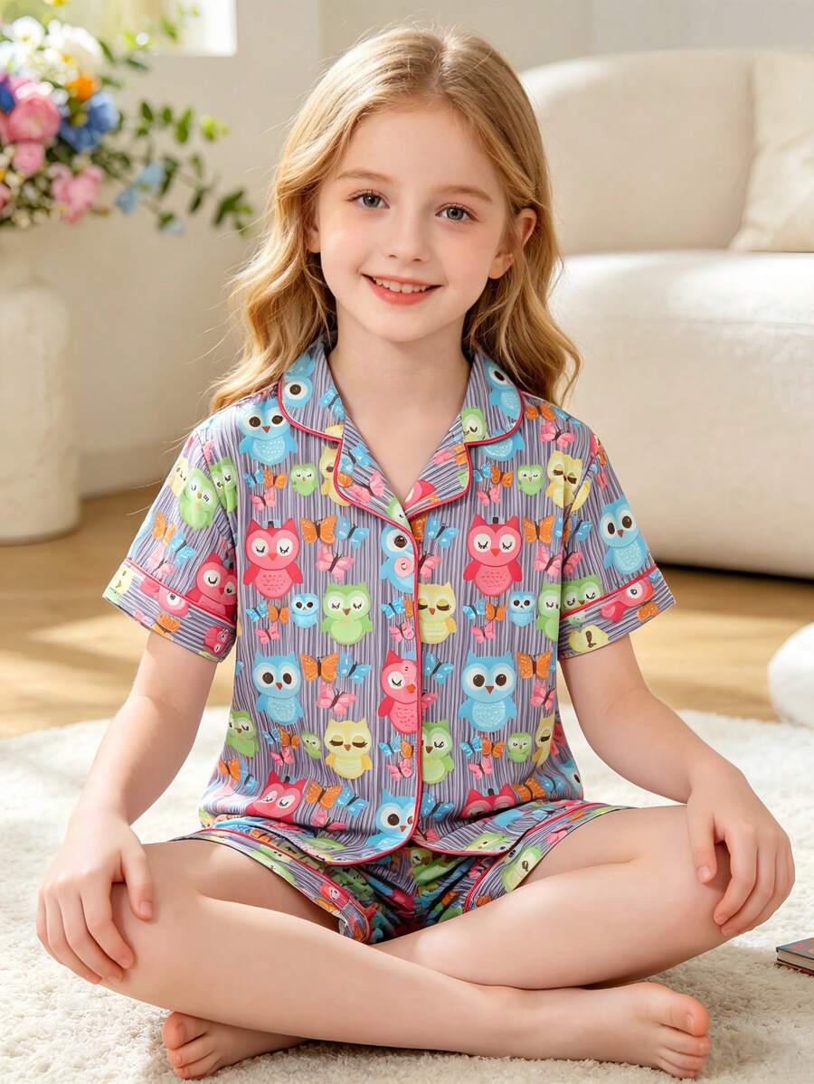 2pcs Kids Pajama Set, Cute Owl Cartoon Print Pattern, 2026 Fashion Lapel Cardigan Homewear Set, Flame Retardant Knit Stretch Fabric, Girls Older Kids, Short Sleeve Top & Shorts, Casual Sleepwear, Suitable For All Seasons