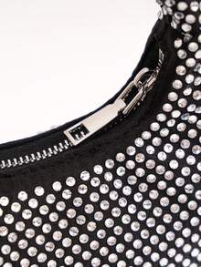 Mini Hobo Bag In A Crescent Shape, Fully Covered In Rhinestones, Integrated Circular Handle With Bow, Zipper, Various Colors, Women's Party, Wedding, Birthday Gift - Burgundy - View 3