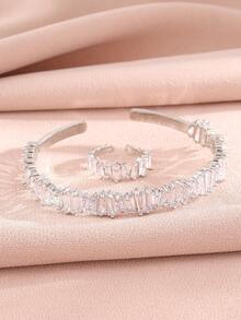 rakol 2pcs Fashion Cubic Zirconia Asymmetrical Square Decor Silver Open Ring & Bracelet Set - Silver - View 2