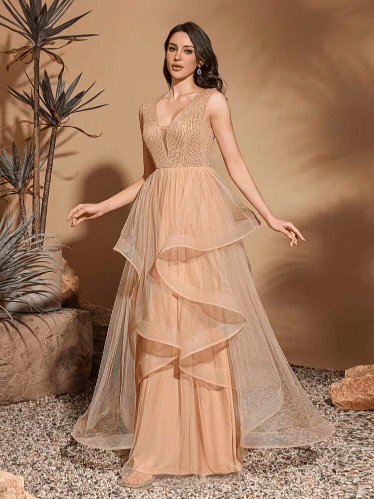 女款優雅晚禮服 網紗拼接亮片婚紗洋裝 - 香檳色 - 查看 1