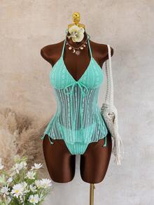 2026 New Mint Green Lace Bikini Set, Elegant Summer Beach Holiday Women Swimwear Vacation - Mint Blue - View 10