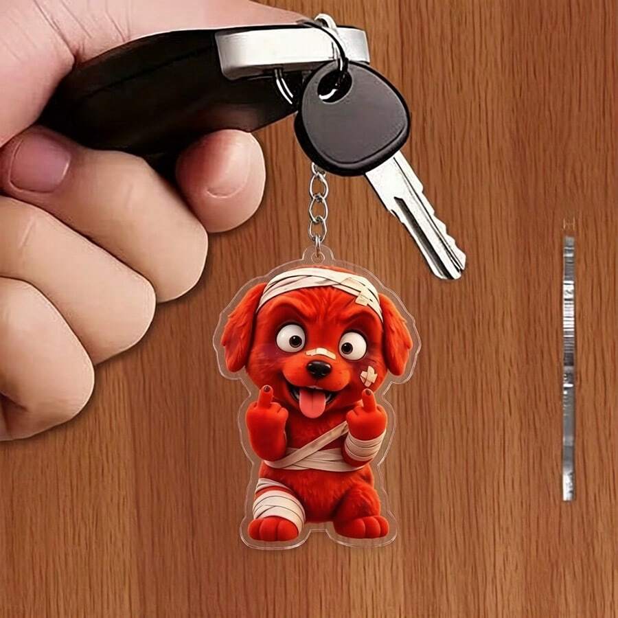1pc 2D Acrylic Evil Red Puppy Keychain, Creative Backpack Pendant, Funny Gift For Friends And Mischievous Pals - Red Puppy - View 1