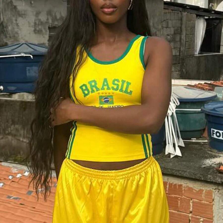 Retro Street Style Baby T-Shirt, Brazil Green Letter Print Crop Tops For Women, Slim-Fit Short Sleeve Casual Wear Y2k 2024 - nz987-- - 查看 1