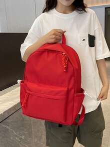 Women's Minimalist Solid Color Nylon Backpack, Lightweight Business Commute Daily Use Backpack, Multi-Pocket Large Capacity Casual Backpack Suitable For Office, Work, Travel, School - Red - View 5
