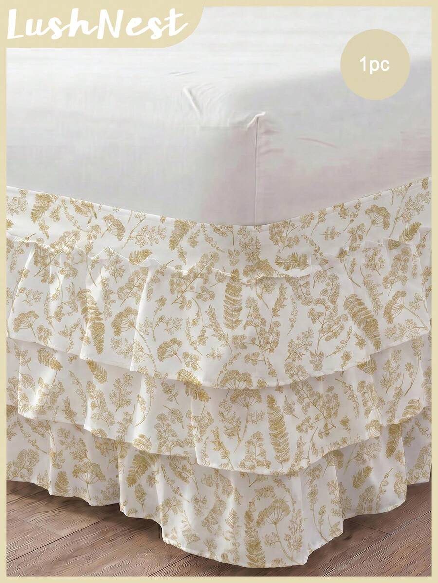 1pc Fresh Floral 3-Layer Bed Skirt (1pc/Pack), Simple Classic Design, Suitable For Daily Use, Made Of Comfortable Breathable Polyester Fabric, Suitable For All Seasons