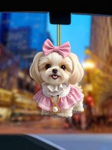 2D Flat Acrylic Pink Bow Dog Pendant - Cute Puppy Car Rearview Mirror & Home Decor, Lightweight & Scratch-Resistant, Healing Style Creative Car Interior Accessory - A - View 2