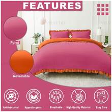 VELVETIO Luxury Kendrick Frill Duvet Cover Set Reversible Bedding Set Soft Smooth Lightweight Microfiber Polyester With Matching Pillow Cases Elegant Ruffle Edge Plain Design Single Double King - Hot Pink/Orange - View 4