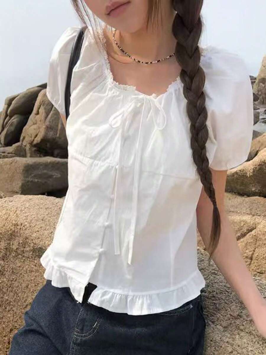 極簡甜美修身蕾絲飾邊百褶花瓣袖上衣 夏季白色 - 白色 - 查看 1