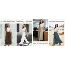 Women's Wide Leg Pants, Elastic Waist With Drawstring, Lightweight Loose Casual Trousers With Pockets - 藍色 - 查看 11