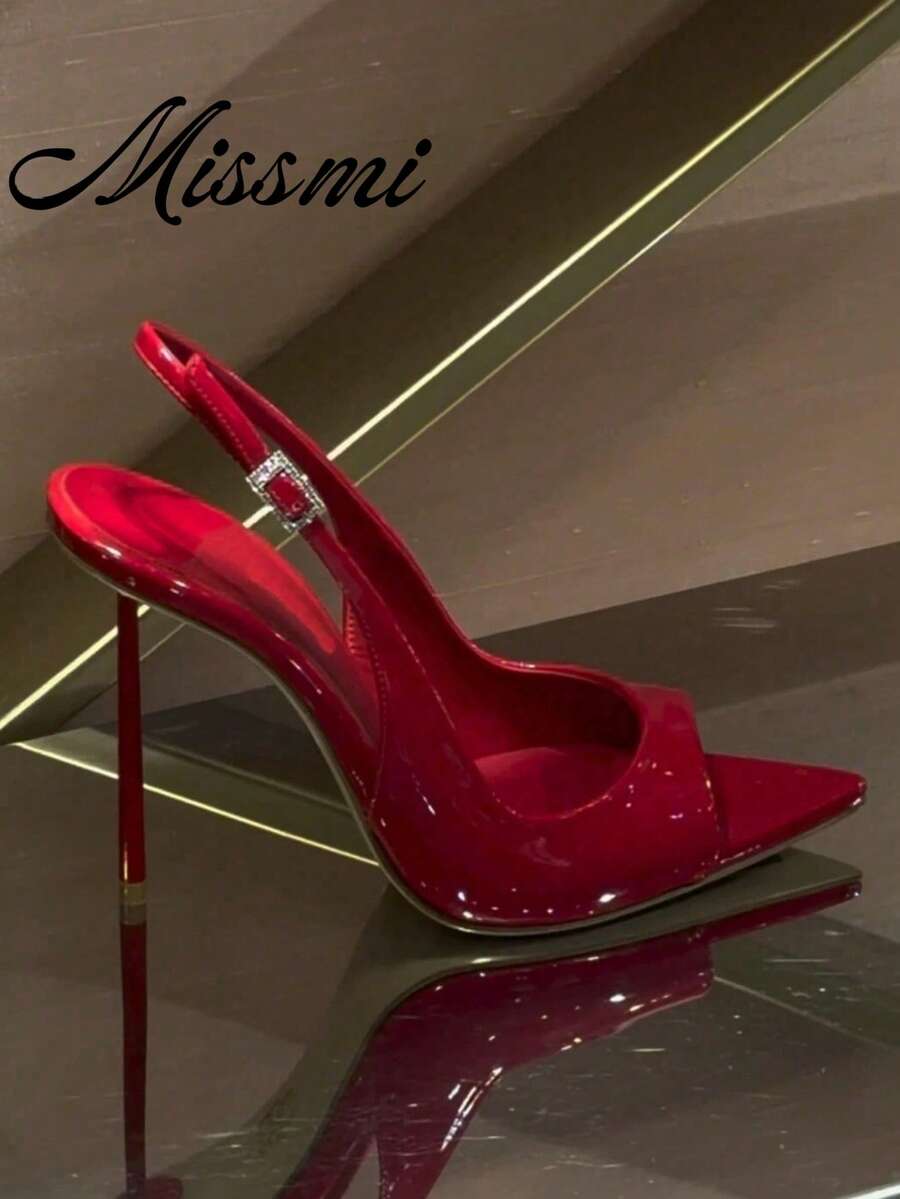 Sepatu Hak Tinggi Stiletto Ujung Lancip Merah untuk Wanita, Model Baru Musim Semi 2026, Bagian Depan Rendah, Gesper Berlian Imitasi, Tanpa Bagian Belakang, Sepatu Pumps Seksi - Merah - View 1