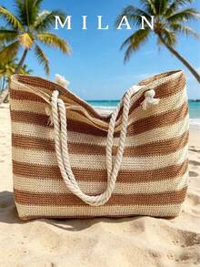 2026 Summer Slouchy Straw Woven Knot Design Beach Tote Bag For Women, 1 Piece, Versatile Large Capacity Storage, Travel Essential - Brown - View 2