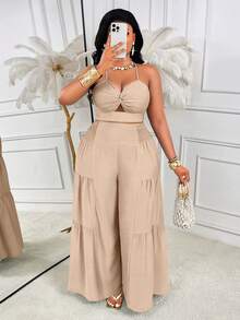AIJ Amarilo Plus Size Women Summer Vacation Twist Cami Top + Pleated Wide Leg Pants 2 Pieces Set - Essential For Beach Outfit, Summer Clothing Elegant - Apricot - View 4