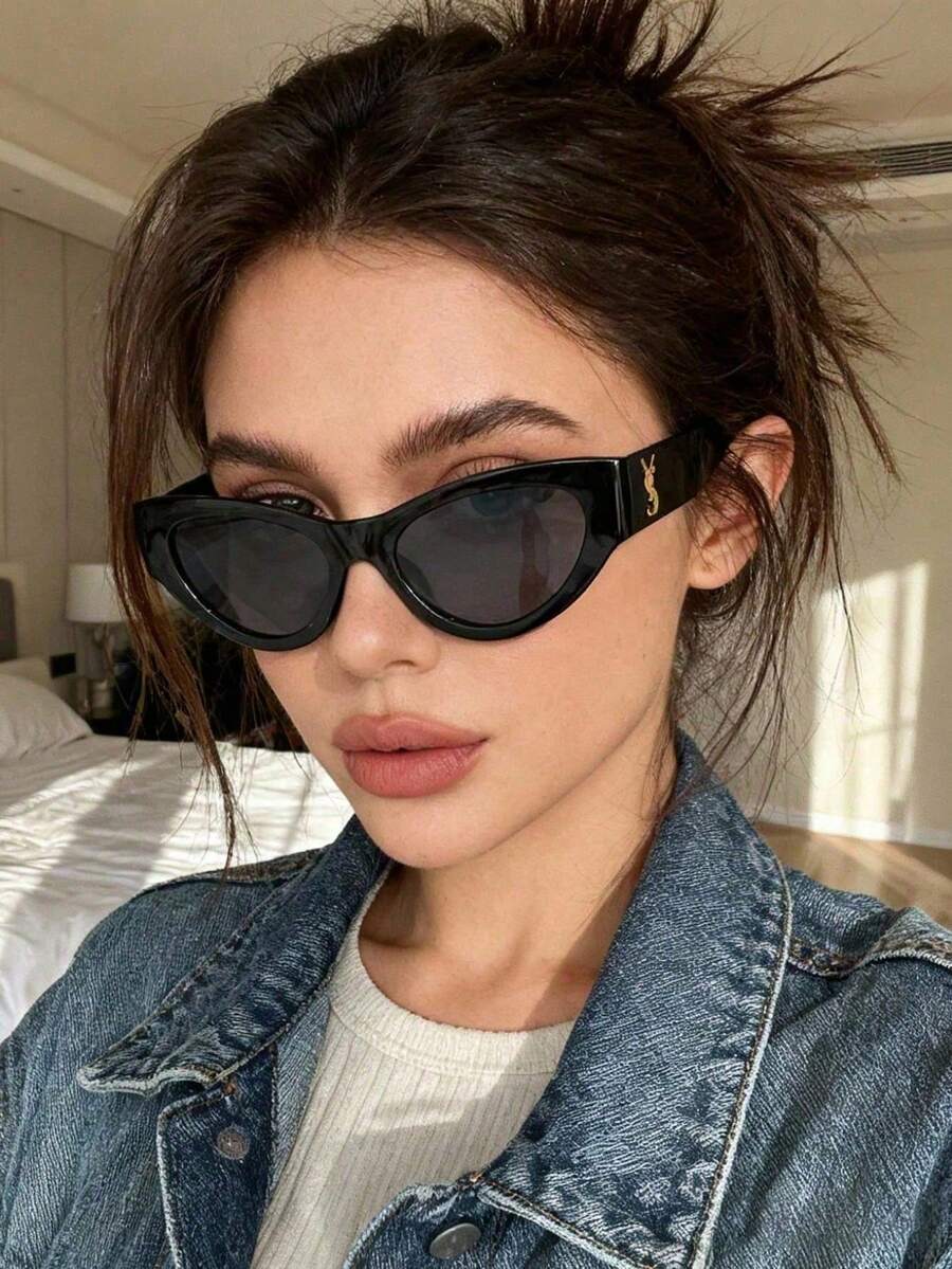 1件新款歐美風貓眼女款眼鏡 百搭街頭風時尚眼鏡 - 亮黑框灰片 - 查看 1