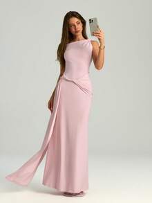 Elegant Blush Pink One Shoulder Dress Women Sleeveless Draped Maxi Dress For Wedding Guest Prom Summer Vacation Going Out Graduation - Baby Pink - View 8