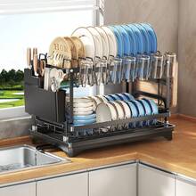 Kusuxva This Double-Layer Metal Kitchen Countertop Dish Rack Is Space-Saving And Durable. It Comes With A Knife And Fork Holder, Cup Holder, Cutting Board Holder, And Rust-Proof Drain Tray. Kitchen Storage Items Help You Keep Your Kitchen Neat And Organized. - 黑色 - 查看 7