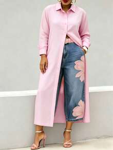 Women's Casual Solid Color Long Sleeve Summer Long Shirt Dress, Button Front Shirt Pink - Pink - View 5