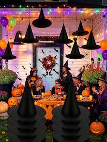 6pcs Halloween Witch Hat Hanging Decorations, 1pc 35m Fishing Line, Halloween Witch Costume Accessories, Halloween Indoor/Outdoor Party Decorations, Halloween Party Decor, Black Pointed Top Hat Decorations, Witch Hat Costume Props, With Fishing Line, Suitable For Indoor/Outdoor Halloween Party Decorations, Durable Weather-Resistant Haunted House And Garden Decorations - Multicolor - View 1