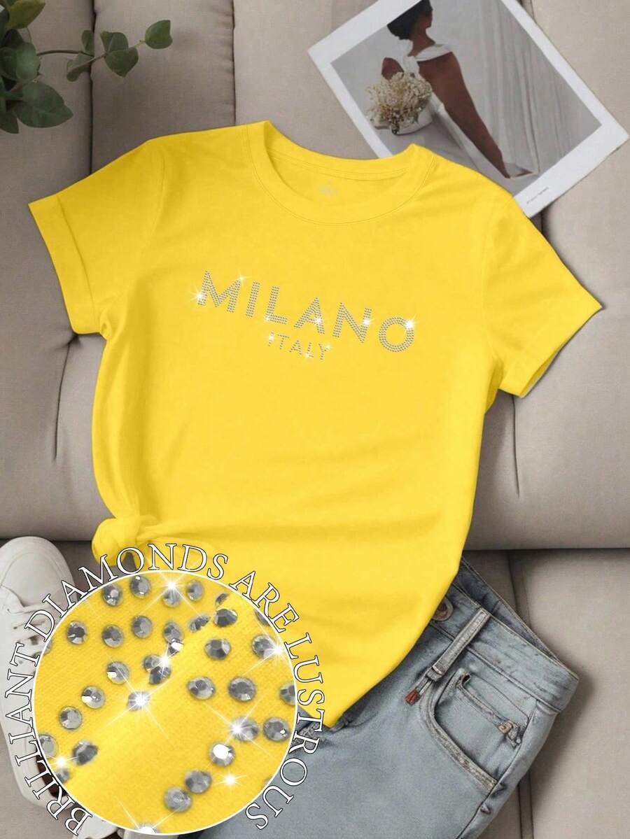 Women's Unity Letter Slogan Short Sleeve T-Shirt, LOS ANGELES Graphic Tees, Women's Tops - 巧克力棕 - 查看 1