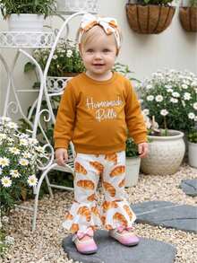 Girls Thanksgiving Bell Bottom Outfit Long Sleeve O Neck Pullover Croissants Print Flared Pants Headband Sets - Coffee Brown - View 1