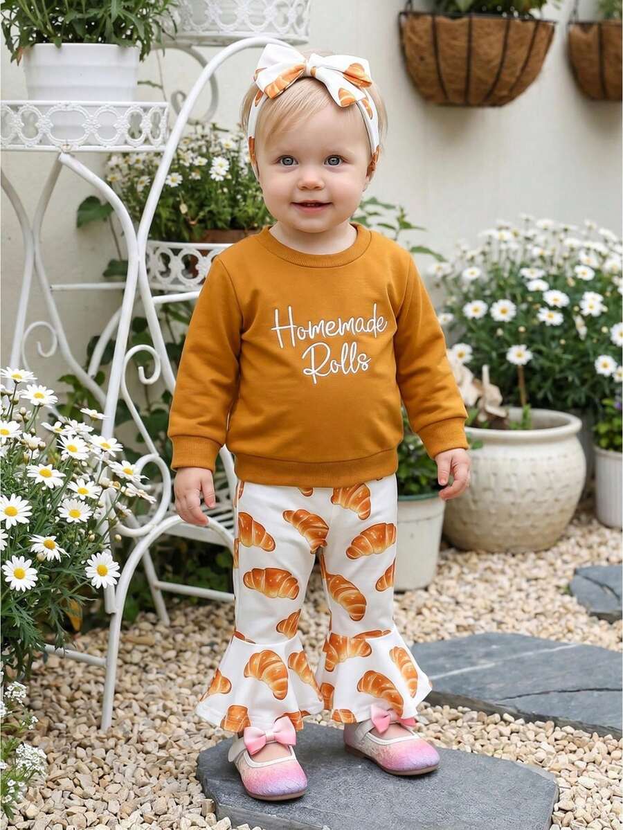 Girls Thanksgiving Bell Bottom Outfit Long Sleeve O Neck Pullover Croissants Print Flared Pants Headband Sets - Coffee Brown - View 1