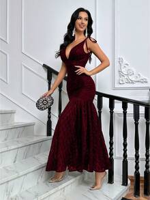 QOQ Women Sexy Sparkly V Neck Prom Cocktail Party Maxi Dress Mermaid Formal Bridesmaid Wedding Guest Cocktail Party Spring Summer Graduation Evening Fall - Burgundy - View 5