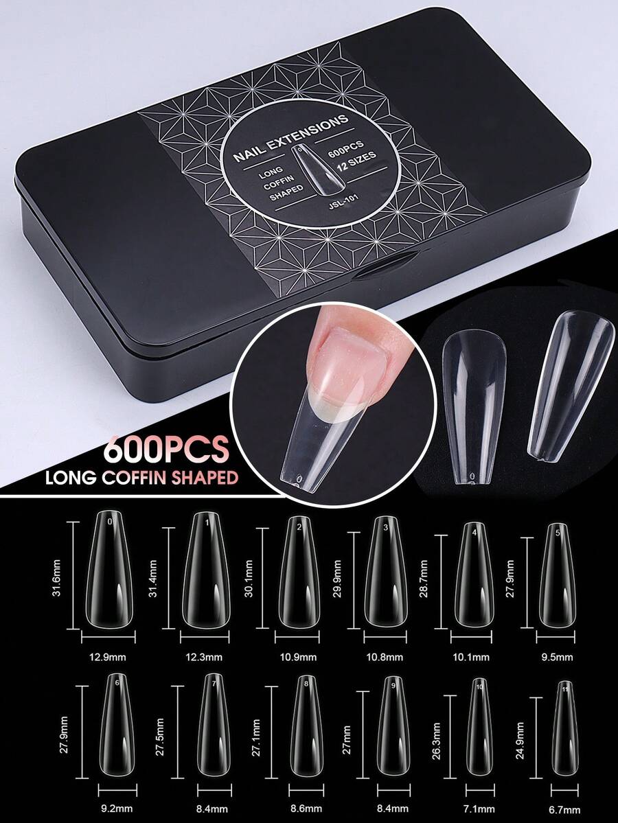 長款棺材形軟膠穿戴甲片 600片 12尺寸 全包覆透明假指甲片 適用凝膠接長 美甲沙龍專業與居家美甲美甲用品 - 無色 - 查看 1