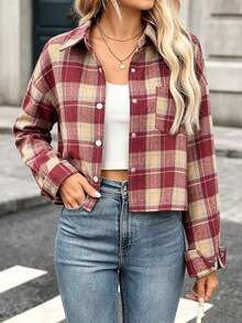 Women's Autumn/Winter Brushed Short Plaid Shirt - Red - View 4