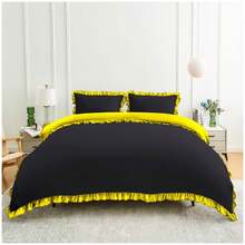 VELVETIO Luxury Kendrick Frill Duvet Cover Set Reversible Bedding Set Soft Smooth Lightweight Microfiber Polyester With Matching Pillow Cases Elegant Ruffle Edge Plain Design Single Double King - Negro/Ocre - Ver 2