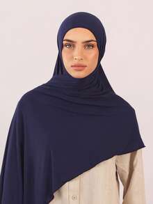 1pc Solid Color Ready-To-Wear Quick-Slip Muslim Hijab, Soft Modal Knit Pre-Stitched Headscarf - Royal Blue - View 2