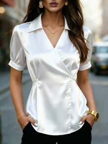 Women's Solid Color Satin Shirt, Asymmetric Button Collar Long Sleeve Slim Fit Top White Summer - White - View 1