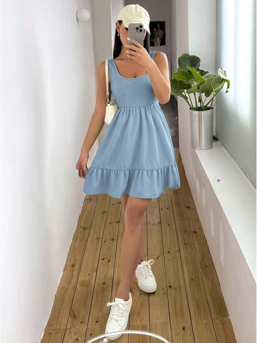 Vestido tipo chaleco de color sólido con diseño empalmado para mujer - Azul cielo - Ver 1