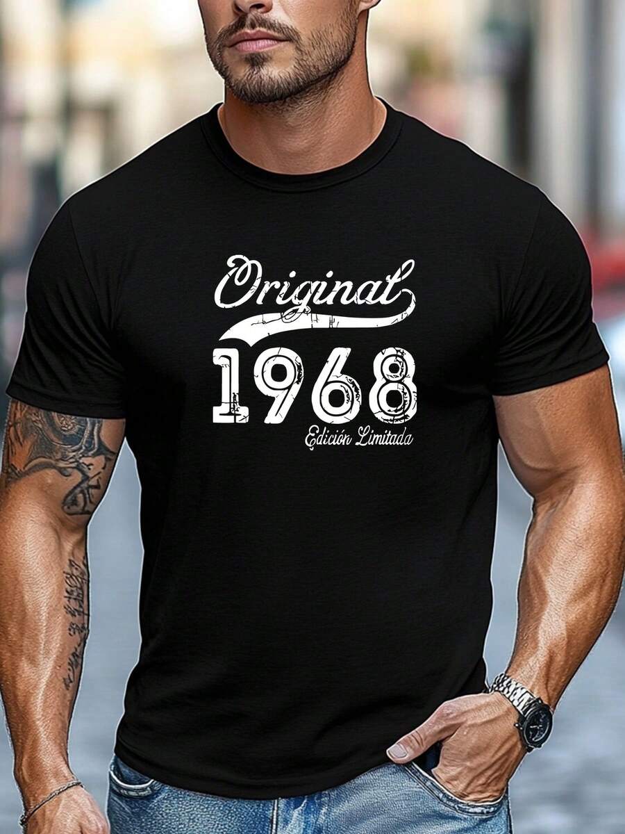 Camiseta de manga corta con cuello redondo, estilo casual de verano, con estampado gráfico de edición limitada original de 1968 para hombre. - Negro - Ver 1