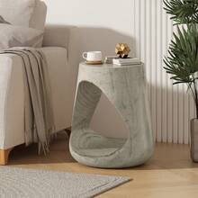 Grey MGO Hollow Side Table With Wood Grain Texture, 16.75" H Accent Table, No Assembly Required, Pet-Friendly Furniture For Indoor Living Room And Outdoor Patio, MGO Composite With Glass Fiber, Round Hollow Design, 14.50" Diameter X 16.75"H - Grey - View 8