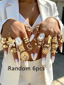 20/6pcs Multi-Piece Stackable Fashion Minimalist Elegant Exquisite Vintage Design Geometric Ribbon Faux Pearl Starfish Shell Sunflower Round Hollow Design Cross Twist Braided Multi-Layer Irregular Pleated Textured Polished Minimalist Plain Band Exaggerated Wide Chunky Ring Set, Holiday Vacation Party Date Gift Daily Commute Wear - Yellow Gold - View 6
